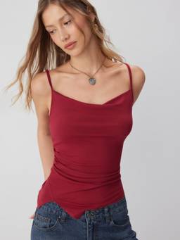 Cider - Ruched Women's Cowl Neck Asymmetrical Hem Cami Top Burgundy