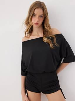 Cider - Women's Off-Shoulder Ruched Drawstring Romper Black