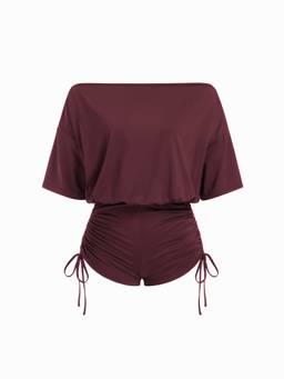 Cider - Drawstring Ruched Women Off-Shoulder Playsuit Wine