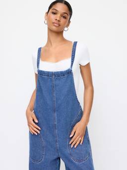 Cider - Denim Bowknot Women's Oversized Wide-Leg Dungarees Navy Blue