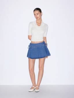 Cider - Washed Denim Women Low-Rise Lace-Up A-Line Mini Skirt Navy Blue