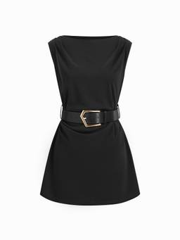Cider - Ruched Belted Women’s Boat Neck A-Line Mini Dress Black