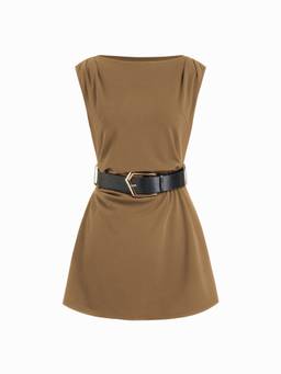 Cider - Women's Ruched Belted A-Line Mini Dress Khaki