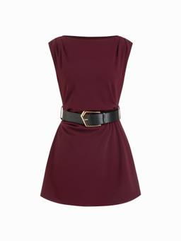 Cider - Ruched Belted Women’s Boat Neck A-Line Mini Dress Purple