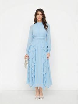 Cider - Chiffon Women's Ruffled Stand Collar Flared Maxi Dress Blue