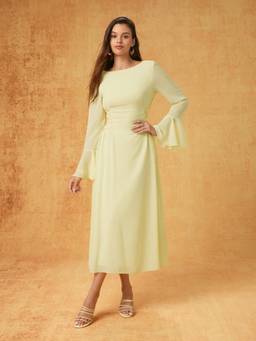 Cider - Chiffon Women's Lace-Up Ruffle Sleeve Flared Maxi Dress Yellow