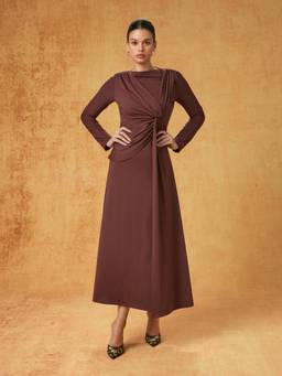 Cider - Boat Neck Women's Twist Ruched Asymmetrical Maxi Dress Brown