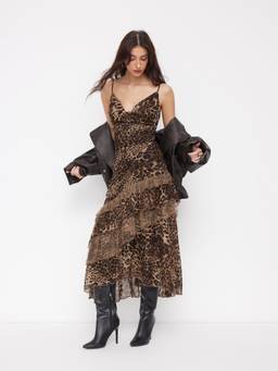 Cider - Leopard Women's Cowl Neck Ruffled Asymmetrical Maxi Dress Brown