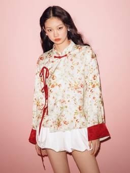 Cider - Jacquard Floral Women’s Knotted Mandarin Neck Shacket White