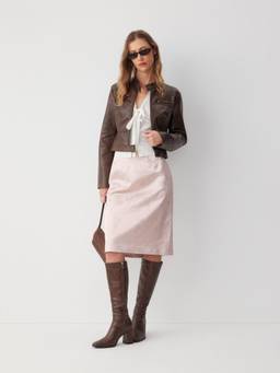 Cider - Floral Jacquard Women’s Mid-Rise Zipper Midi Skirt Pink