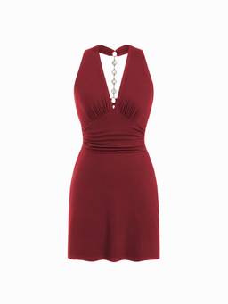 Cider - Women's Ruched Backless Rhinestone Chain Mini Bodycon Dress Wine