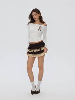 Cider - Cat Graphic Women Ruched Off-Shoulder Bell Sleeve Top White