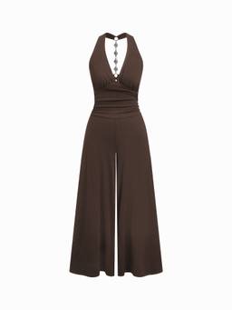 Cider - Metal Detail Women's Halter Neck Wide Leg Jumpsuit Brown