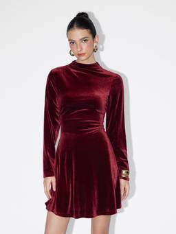 Cider - Velvet Stand Collar Women's Ruched Zipper Mini Dress Burgundy