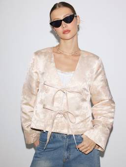 Cider - Jacquard Floral Women’s V-Neck Tie-Up Jacket Pink