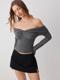 Cider - Twist Ruched Women's Off-Shoulder Full Sleeve Top Dark Grey