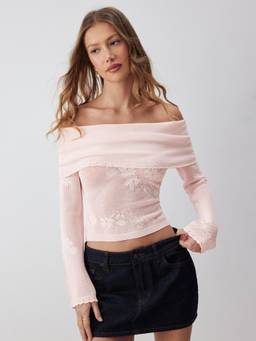 Cider - Knit Women's Off-Shoulder Floral Lettuce Trim Top Pink