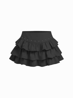 Cider - Low Rise Women's Ruffled Metal Detail Layered Mini Skort Black