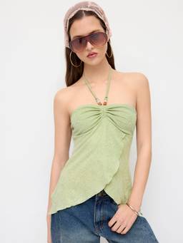 Cider - Paisley Lace Women's Ruched Beaded Halter Neck Crop Top Green