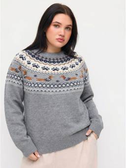 Cider - Dachshund Detail Women Fair Isle Round Neck Pullover Sweater Grey