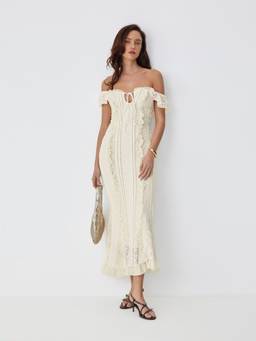 Cider - Jacquard Lace-Up Women's Off-Shoulder Ruffled Midi Dress Beige