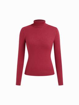 Cider - Fleece-Lined Women Solid Slim Turtleneck Sweater Red