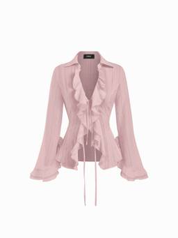 Cider - Tie-Front Women's Ruffle Collar Cinched Waist Blouse Pink