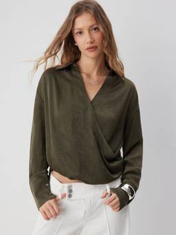 Cider - Satin Women's Wrap Front Long Sleeve Blouse Olive