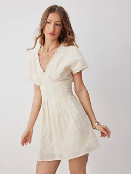 Cider - Cotton Eyelet Women's V-Neck Batwing Sleeve Mini Dress Beige