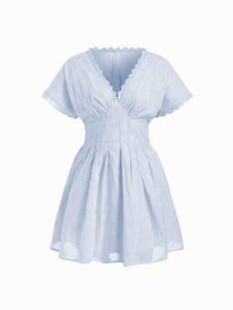 Cider - Cotton Eyelet Women V-Neck Batwing Sleeve Mini Dress Blue