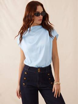 Cider - Satin Women's Ruched Stand Collar Bodysuit Baby Blue