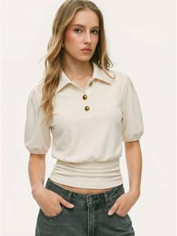 Cider - Ruched Hem Women Collar Neck Half Sleeve Top White