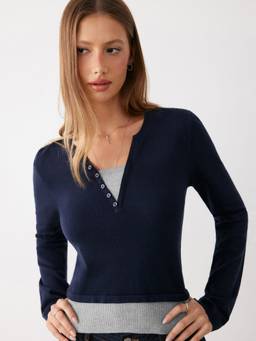 Cider - Two Tone Women's V-Neck Button Full Sleeve Top Navy Blue
