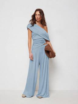 Cider - Ruched Women's Asymmetrical Neck Co-ord Set Blue