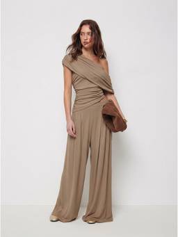 Cider - Asymmetrical Ruched Women's Wide Leg Co-ord Set Tan