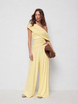 Cider - Asymmetrical Neck Women's Ruched Wide Leg Co-ord Set Yellow