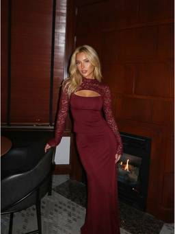 Cider - Floral Lace Women Stand Collar Bell Sleeve Crop Top Burgundy