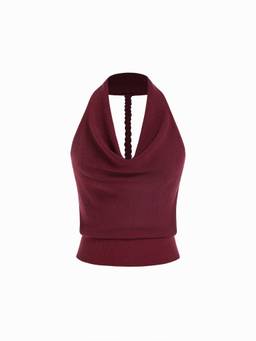 Cider - Knit Women's Backless Cowl Neck Crop Top Burgundy