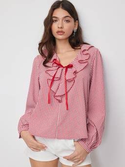 Cider - Gingham Women's Ruffled V-Neck Oversized Blouse Red