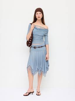 Cider - Cowl Neck Women's Ruched Asymmetrical Skirt Set Blue