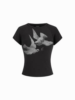 Cider - Bird Graphic Women Slim Raglan Sleeve Crop Top Black
