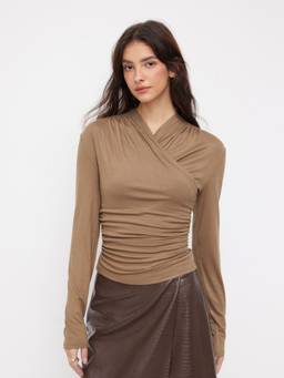 Cider - Asymmetrical Ruched Women V-Neck Long Sleeve Top Khaki