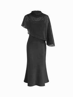 Cider - Satin Women's High Neck Cape Sleeve Maxi Dress Black