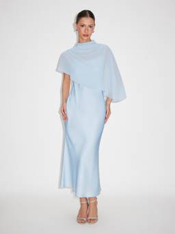 Cider - Satin Women's High Neck Cape Sleeve Maxi Dress Blue