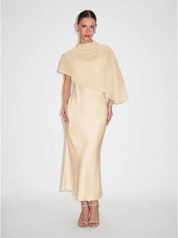 Cider - Satin Women's High Neck Cape Sleeve Maxi Dress Champagne