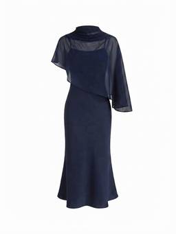Cider - Satin Women's High Neck Cape Sleeve Maxi Dress Navy Blue