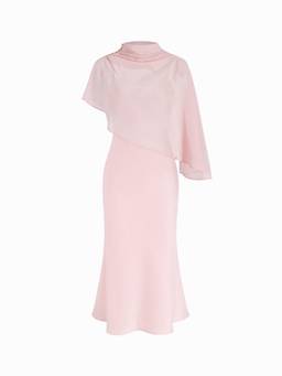 Cider - Satin Women's High Neck Cape Sleeve Maxi Dress Pink