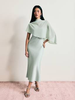 Cider - Satin Women's High Neck Cape Sleeve Maxi Dress Pale Green