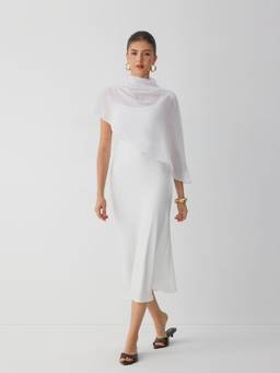 Cider - Satin Women's High Neck Cape Sleeve Maxi Dress White