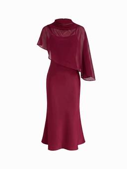 Cider - Satin High Neck Women's Cape Sleeve Maxi Dress Wine
